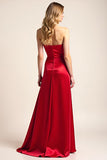 Red Satin A Line Strapless Long Formal Dress