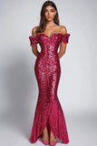 Mermaid Fuchsia Sequins Off the Shoulder Formal Dress