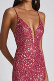 Sparkly Fuchsia Sheath Spaghetti Straps Long Formal Dress with Sequins