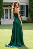 Dark Green A Line Spaghetti Straps Ruched Long Formal Dress