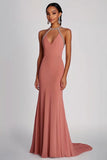 Sheath Pink Beaded Halter Long Chiffon Formal Dress