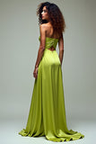 Lemon Green A Line Strapless Hollow Out Long Formal Dress With Slit