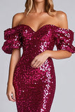 Sparkly Fuchsia Sheath Off The Shoulder Sequin Long Formal Dress