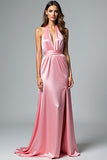 Pink A Line Halter Ruched Long Satin Formal Dress