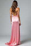 Pink A Line Halter Ruched Long Satin Formal Dress