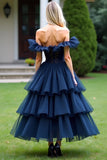 Navy A-Line Off the Shoulder Ruffles Tulle Formal Dress with Lace