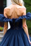 Navy A-Line Off the Shoulder Ruffles Tulle Formal Dress with Lace