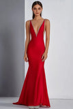 Sparkly Red Mermaid Beaded Deep V Neck Long Formal Dress