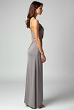 Grey Sheath Spaghetti Straps Wrap Satin Long Formal Dress with Slit