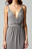 Grey Sheath Spaghetti Straps Wrap Satin Long Formal Dress with Slit