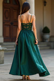 Dark Green A-Line Spaghetti Straps Satin Long Formal Dress with Sequins