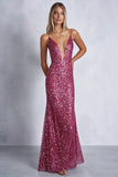 Sparkly Fuchsia Mermaid Spaghetti Straps Sequins Long Formal Dress