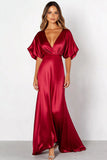 Red Sheath Short Sleeve Satin Deep V Neck Long Formal Dress