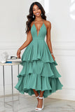 Green A-Line Spaghetti Straps Ruffles Long Formal Dress