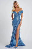 Sparkly Blue Mermaid Off the Shoulder Sequins Long Formal Dress with Slit