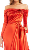 Orange Sheath Off the Shoulder Long Sleeve Pleated Satin Hi-Low Formal Dress