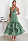 A Line Green Spaghetti Straps Pleated Long Chiffon Long Formal Dress