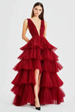 A Line Red Spaghetti Straps Tulle Formal Dress with Slit