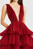 A Line Red Spaghetti Straps Tulle Formal Dress with Slit