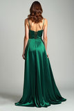 Dark Green A Line Satin Spaghetti Straps Long Prom Dress