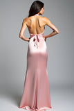 Pink Satin Halter Mermaid Long Formal Dress