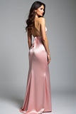 Pink Satin Halter Mermaid Long Formal Dress