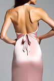 Pink Satin Halter Mermaid Long Formal Dress