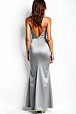 Sheath Grey Spaghetti Straps Stretch Satin Long Formal Dress with Slit