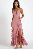 Pink Chiffon Spaghetti Straps Ruffles Long Formal Dress with Slit