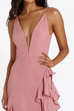 Pink Chiffon Spaghetti Straps Ruffles Long Formal Dress with Slit