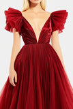 Red V Neck A Line Tulle Pleated Long Prom Dress with Slit