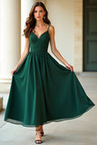 A Line Dark Green Spaghetti Straps Lace Long Formal Dress