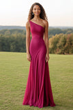 Mermaid Purplish Red Pleated One Shoulder Long Formal Dress