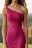 Mermaid Purplish Red Pleated One Shoulder Long Formal Dress