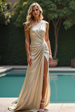 Sheath Champagne One Shoulder Ruched Long Formal Dress with Slit