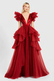 Red A Line Ruffled Flying Sleeves Long Formal Dress