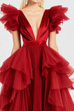 Red A Line Ruffled Flying Sleeves Long Formal Dress