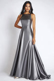 Steel Grey Satin Boat Neck A Line Long Formal Dress