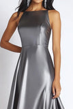 Steel Grey Satin Boat Neck A Line Long Formal Dress