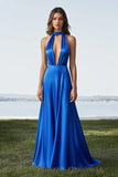 Royal Blue A Line Halter Cut Out Satin Long Formal Dress