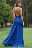 Royal Blue A Line Halter Cut Out Satin Long Formal Dress