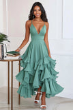 Green A Line Chiffon Spaghetti Straps Long Formal Dress with Ruffles