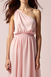 Pink One Shoulder Sheath Pleated Long Formal Dress