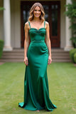 Sheath Satin Green Spaghetti Straps Ruched Long Formal Dress