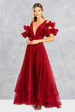 Red A Line Cold Shoulder Pleated Long Formal Dress