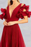 Red A Line Cold Shoulder Pleated Long Formal Dress