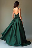 Dark Green  A Line Spaghetti Straps Satin Long Formal Dress