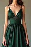 Dark Green  A Line Spaghetti Straps Satin Long Formal Dress