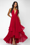 Red Deep V Neck Ruched Ruffles A Line Formal Dress