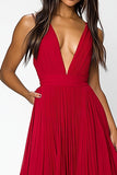 Red Deep V Neck Ruched Ruffles A Line Formal Dress